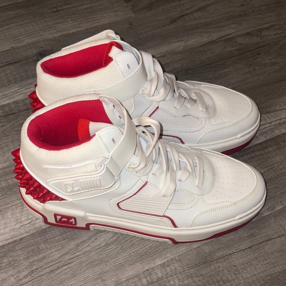 Stylish White and Red High-Top Sneakers